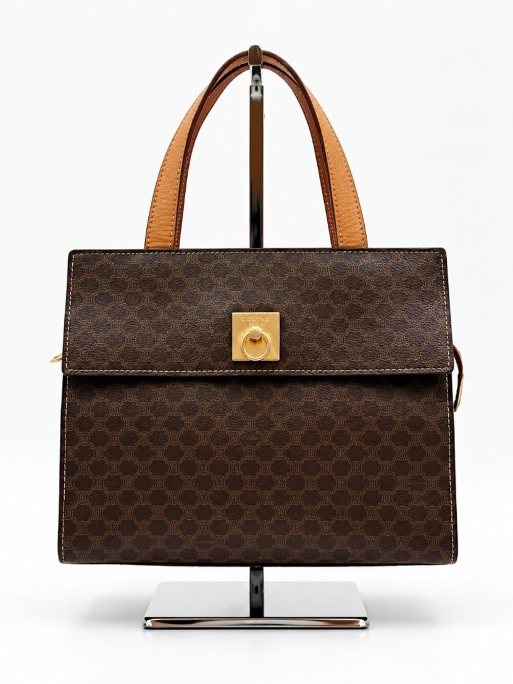 CELINE Vintage Macadam Triomphe Monogram Top Handle Handbag Brown Leather
